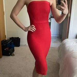 Bebe Bodycon Bandage Strapless Knee Length Dress in Red
